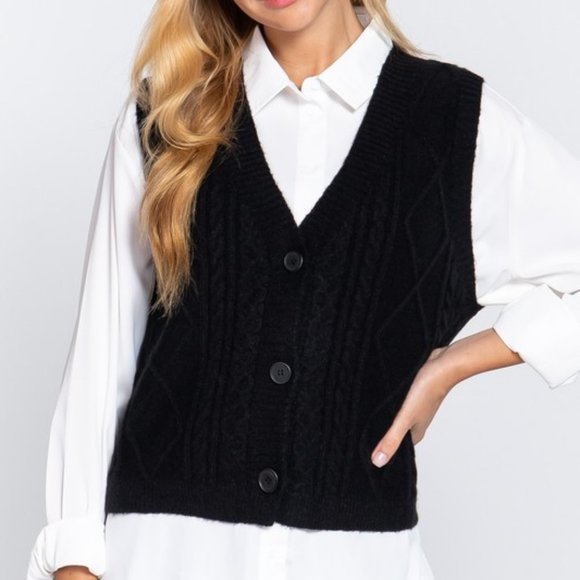 WOMEN'S V-NECK BUTTON DOWN CABLE SWEATER VEST CROPPED - Picture 4 of 4